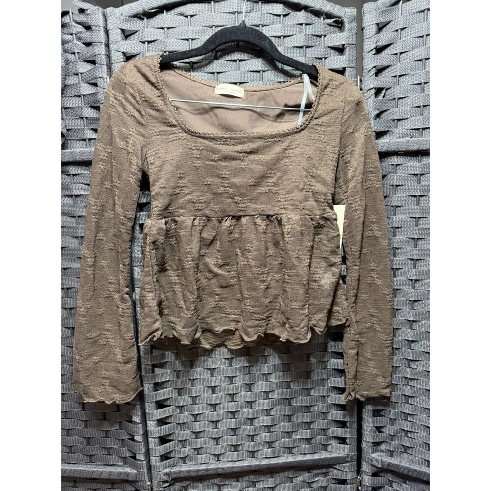 NWTBrown Babydoll Top XS Textured Long Sleeve Boho Fairy Grunge